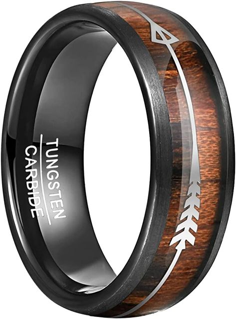 Tungsten carbide band with Hawaii koa wood and arrow inlaid, looks elegant and special. The high polished & comfort fit interior face gives you a cozy wear experience. #commissionsEarned Cozy Wear, Wood Wedding Band, Silver Arrow, Koa Wood, Tungsten Carbide Rings, Wood Wedding, Tungsten Carbide, Wedding Band, Wedding Bands