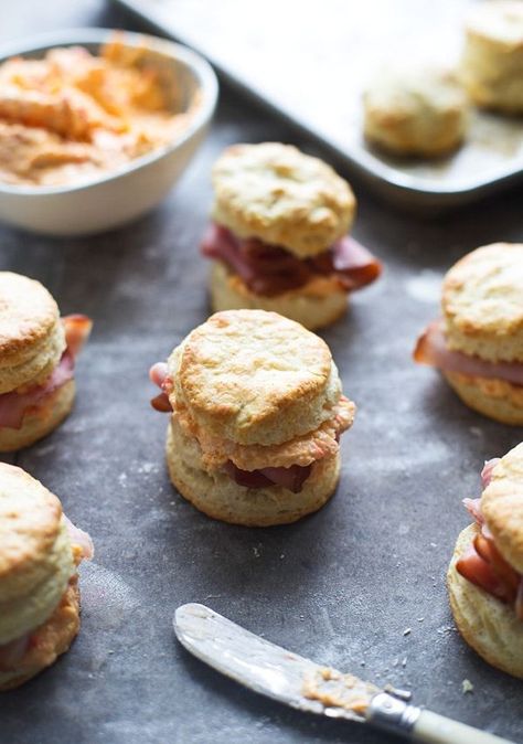 These Ham and Pimento Cheese Biscuit Sliders are simple, but bursting with flavor! They’re the perfect paired with soup, a salad or all by their lonesome. A great breakfast or appetizer for the Big Game. #hamsliders From Cooking for Keeps Biscuit Sliders, Cheese Stromboli, Pimento Cheese Sandwich, Brie Sandwich, Ham Biscuits, Pimento Cheese Sandwiches, Cheese Biscuit, Breakfast Cooking, Homemade Buttermilk Biscuits