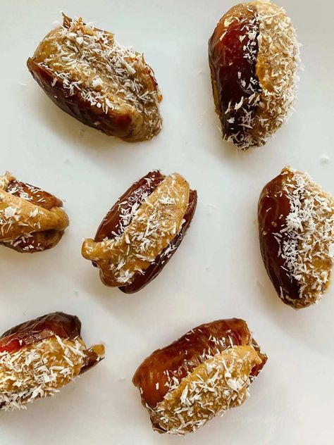 Dates With Almond Butter, Almond Butter Stuffed Dates, Dates Almond Butter, Dates And Almond Butter, Almond Butter Dates, Stuffed Dates Recipes Sweets, Ways To Eat Rice, Date Almond Butter, Fitness Snacks