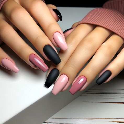 Cute Nail Designs Black And White, Short Coffin Gel Nail Designs, Matte Summer Nail Ideas, Black Matte Nails Halloween, Colored Tip Acrylic Nails, Black And Mauve Nails, Short Matte Acrylic Nails, Dark Hot Pink Nails, Pink White And Black Nails