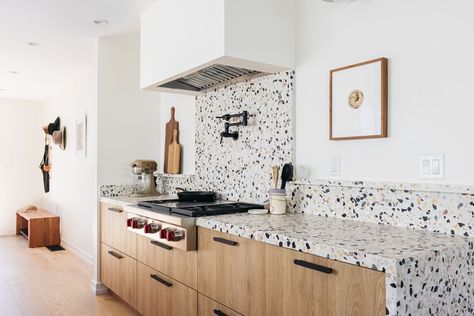 What Is Terrazzo? 14 Ideas for Terrazzo Tile at Home — The Spruce Terrazzo Tile Kitchen, Terrazzo Kitchen Countertops, How To Make Terrazzo, Tile Kitchen Countertops, Terrazzo Backsplash, Copper Wall Tiles, Terrazzo Countertop, Terrazzo Kitchen, Tile Countertops Kitchen