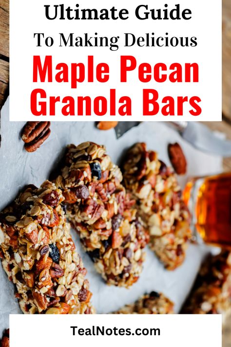 Craving a snack that's packed with nutty goodness and easy to make? Teal Notes presents the ultimate recipe for Easy Maple Pecan Granola Bars. Indulge in the perfect balance of sweet maple syrup, crunchy pecans, and wholesome oats in every bite. These homemade granola bars are not only delicious but also healthy, providing a boost of energy whenever you need it. These crunchy granola bars will surely satisfy your cravings. Discover the joy of making your own granola bars with this simple recipe. Maple Syrup Granola Bars, Peanut Butter Granola Bar Recipe, Pumpkin Granola Bars, Maple Pecan Granola, Cereal Bars Recipes, Maple Granola, Nut Granola, No Bake Granola Bars, Easy Granola