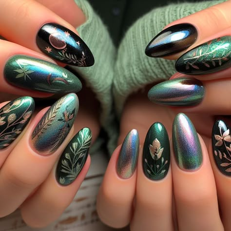 Elvish Nail Art, Halloween Fairy Nails, Dark Floral Nail Art, Forest Witch Nails, Moody Spring Nails, Spring Witch Nails, Imbolc Nails, Summer Witch Nails, Earth Tone Nail Designs