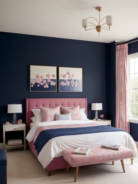 Create a stunning navy blue and pink-themed bedroom with eye-catching wall art. Incorporate abstract paintings or floral prints in these hues to add flair and a touch of sophistication to your space. Navy And Dusty Rose Bedroom, Navy Gold Pink Bedroom, Navy Blush Bedroom, Royal Blue And Pink Bedroom, Navy And Pink Bedroom Ideas, Navy Blush Gold Bedroom, Navy Blue And Blush Bedroom, Navy Pink And Gold Bedroom, Navy And Blush Bedroom