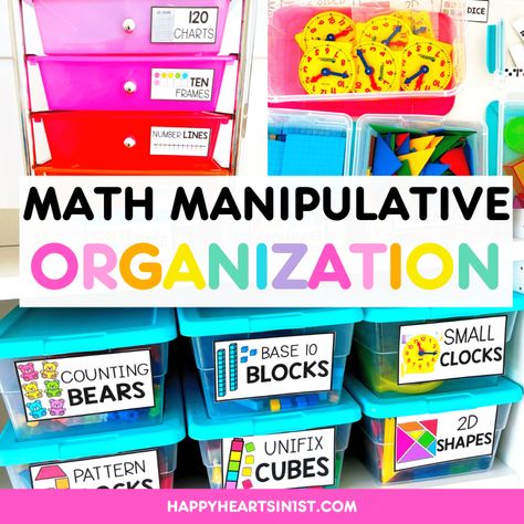 Effortless Math Manipulatives Organization in the K-2 Classroom Classroom Table Organization, Classroom Manipulatives, Math Manipulative Labels, Math Manipulative, Math Tubs, Line Math, 120 Chart, Math Mats, Test Image