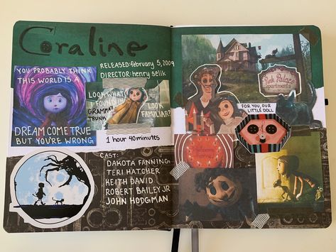 Horror Movie Journal, Comfort Journal, Diary Aesthetics, Coraline Film, Sketchbook Ideas Inspiration, Movie Journal, Movie Collage, Film Journal, Diy Photo Book