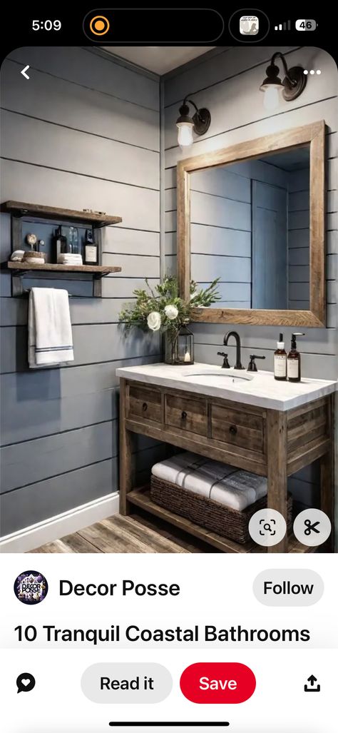 Gray Shiplap, New House Bathroom, Dark Tile, Coastal Bathrooms, Diy Bathroom Remodel, House Bathroom, Diy Bathroom, Cabin Decor, Tile Bathroom