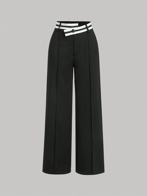 Black Asymmetric Waist Retro College Style Versatile Women's Suit Pants Black Casual   Woven Fabric Colorblock,Striped Wide Leg Slight Stretch  Women Clothing, size features are:Bust: ,Length: ,Sleeve Length: Wide Leg Pants Black, Office Pants, Wide Leg Dress Pants, Pantsuits For Women, Legging Sport, Womens Business Casual, Style Noir, Long Sleeve Blazers, Suit Pants