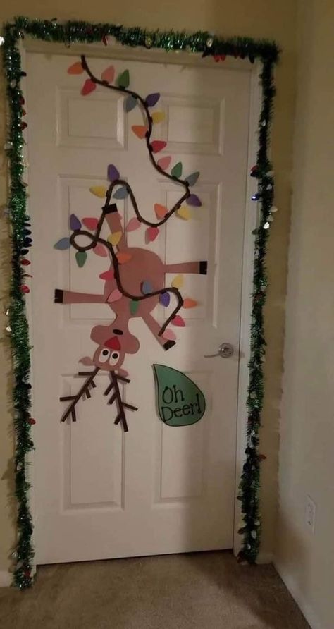 Christmas Decor Ideas For Nursing Home, Singing Reindeer Door Decoration, Christmas Door Lights, Christmas Bedroom Door Decor, Bedroom Door Christmas Decorations, Simple Christmas Door Decor, Christmas Bedroom Door Ideas, Easy Winter Door Decorations For School, Christmas Decor For School Hallway