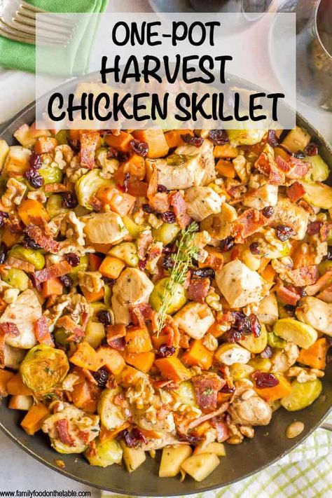 One-pot easy harvest chicken skillet with sweet potatoes and Brussels sprouts is a beautiful and delicious recipe that’s perfect for a fall dinner! #onepot #chicken #easydinner #chickendinner #chickenrecipes Harvest Chicken Skillet, Harvest Chicken, Chicken Skillet, Food On The Table, Winter Dinner Recipes, One Pot Chicken, Fall Dinner Recipes, Winter Dinner, Fall Dinner