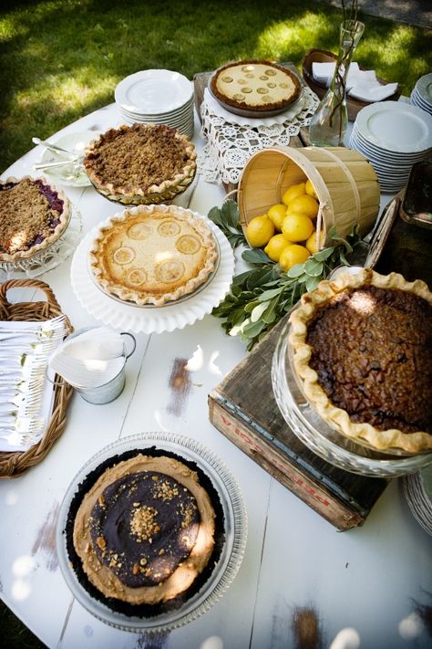 Vintage Inspired Wedding Design by Sugar Rush Events-PIE Dessert Table www.MadamPaloozaEmporium.com www.facebook.com/MadamPalooza Eclectic Cake, Wedding Pie Table, Pie Dessert Table, Pie Bar Wedding, Pie Crust With Butter, Pie Table, Wedding Pie, Pie Party, Mediterranean Wedding