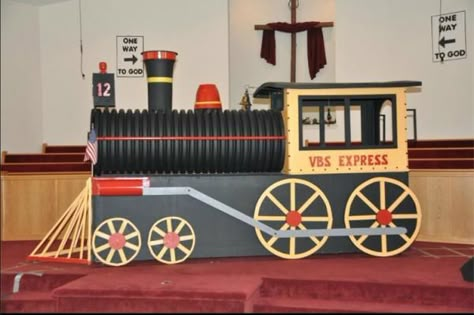 VBS Train Decor Idea Train Prop, Train Vbs, Wild West Crafts, Train Diy, Western Vbs, Cardboard Train, Rocky Railway Vbs, Polar Express Theme, Vacation Bible School Themes