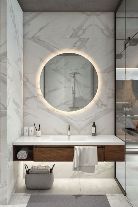 18 Unique Modern Bathroom Ideas | Cabinets, Vanities + More Mirror Bathroom, Bathroom Mirrors, Bathroom Mirror, Design Ideas, Vanity, Mirror, Led, Design, Dressing Table