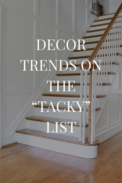 You don't know what you don't know! Until you learn about decorating and design, it's easy to end up sticking with a trend a little too long. Find out which ones designers consider a design crime and how to fix the problem! Tv In Front Of Stair Railing, Stairway Railing Makeover, Stairs Different Color Than Floor, Honey Oak Staircase Makeover, Decor For Staircase Landing, Entry Way Stairs Ideas, Board And Batten Wall Stairs, Traditional Stair Railing Ideas, White Banisters And Railings