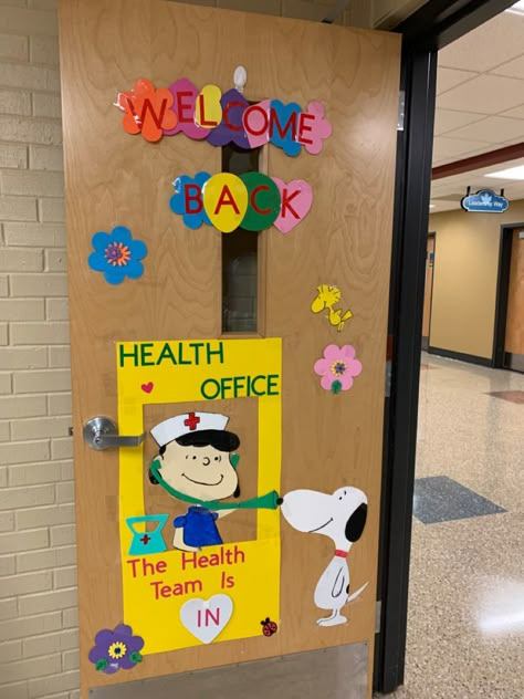 School Health Bulletin Boards Nurses, School Nurse Fall Bulletin Boards, School Clinic Door Decorations, School Health Office Decor, Nurses Office Decor, Elementary Nurse Office, School Nurse Office Door, School Nurse Door Decoration, Nurse Door Decorations