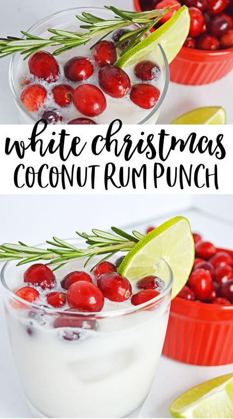 Festive and delicious White Christmas coconut rum punch cocktail. Perfect for your holiday fun. #cocktail #Christmas Christmas Rum Punch, Coconut Rum Punch, Coconut Rum Punches, Christmas Coconut, Rum Punch Cocktail, Coconut Rum Drinks, Cocktail Christmas, Coconut Drinks, Christmas Punch