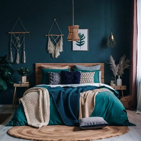 13 Dark Boho Bedroom Ideas That Will Inspire Your Next Redecorating Project 2 Dark Turquoise Bedroom, Teal Boho Bedroom, Dark Boho Bedroom Ideas, Emerald Bedroom, Dark Teal Bedroom, Dark Boho Bedroom, Bedroom Teal, Teal Rooms, Bold Bohemian