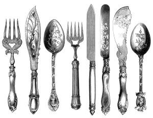 vintage cutlery clipart, cutlery engraving, fork knife spoon graphic, black and white clip art, kitchen printable Copper Cutlery, Vintage Clip Art, Foto Transfer, Gold Cutlery, Antique Silverware, Vintage Cutlery, Vintage Silverware, Clip Art Vintage, Illustration Vintage