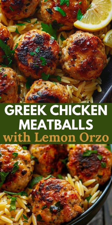 These Greek chicken meatballs with lemon orzo are a delightful and flavorful meal that combines the zesty flavors of lemon and herbs with the comforting texture of orzo pasta. Enjoy! Greek Meatballs And Orzo Skillet, Easy Greek Chicken Meatballs With Lemon Orzo, Lemon Orzo Meatball, Baked Sage Chicken Meatballs With Orzo, Chicken Meatball Orzo Recipes, Dinner For 1 Ideas, Orzo And Chicken Meatballs, Chicken Feta Meatballs With Lemon Orzo, Chicken Meatballs Lemon Orzo