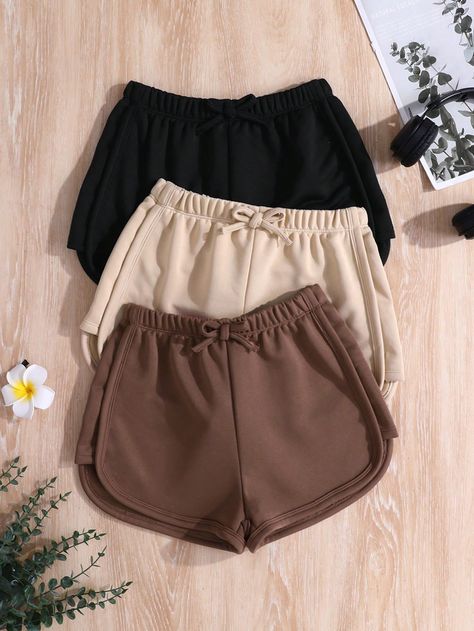 3pcs Solid Color Knitted Bowknot Casual Shorts Set For Tween Girls Khaki Casual    Plain Track Shorts Slight Stretch  Tween Girls Clothing, size features are:Bust: ,Length: ,Sleeve Length: Cute Clothes For 11yrs, Shorts For School, Short Shein, Cute Short Shorts, Butterfly Shorts, Work Out Shorts, Cute Outfits With Shorts, Clothes For Teens, Shorts Aesthetic