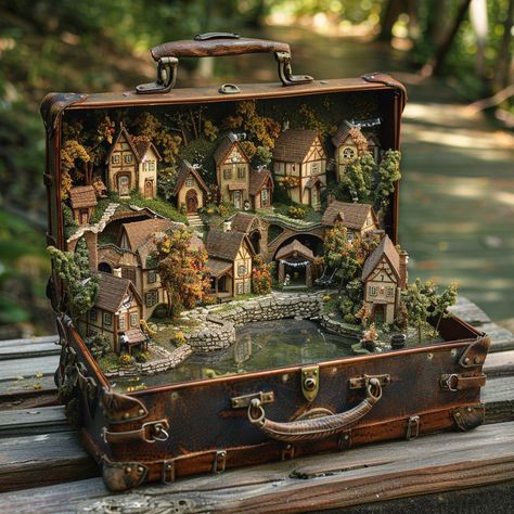 Prompt 👉open leather old suitcase standing on a wooden table, environmental art, magical village, highly detailed model, with miniature covered lake, cottagecore!!!, Benjamin Grandson, in miniature hyper-realistic clay animation, Rivendell, highly detailed town, made of clay, photorealism, magical town, in a suitcase] 👉 if Like, please Follow and Share AI Graphics Studio 👇Contact on WhatsAPP: http://tiny.cc/aigraphicsstudio #aigraphicsstudio #AI #DigitalMarketing #digitalartist #digitalart ... Magical Village, Suitcase Stand, Clay Animation, Diorama Ideas, Fairy Lanterns, Miniature Photography, Old Suitcases, Railroad Photography, Tiny World