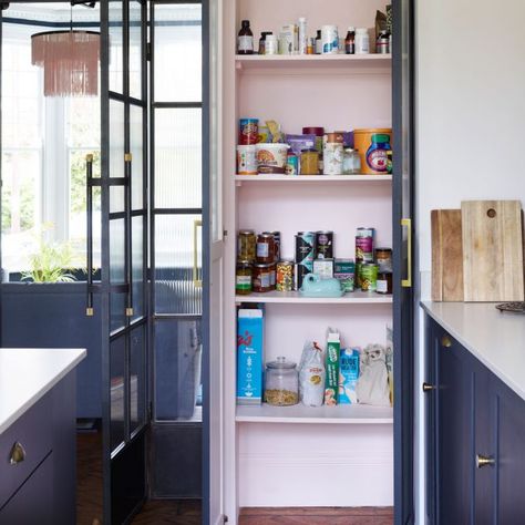 Kitchen pantry ideas – storage tips, planning know-how and design inspiration for larders Navy Kitchen Ideas, Awkward Kitchen, Kitchen Wall Ideas, Victorian Apartment, 25 Beautiful Homes, Navy Kitchen, Built In Pantry, Geometric Floor, Diy Pantry