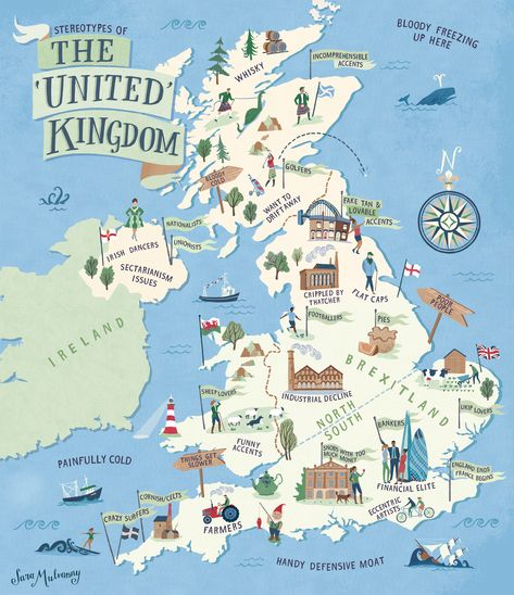 Map of UK Stereotypes created for a French education book. The map is a tongue-in-cheek look at how different regions view each other around the country. Cultural and economic differences are highlighted, as well as opinions about Brexit. Map Of Uk, Travel Graphics, Beer Map, English Culture, Map Of Britain, Illustrated Maps, England Map, French Education, Map Illustration