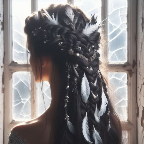 Viking Hair With Feathers, Rope Hairstyles, Feather Braid, Viking Hairstyles, Witchy Hair, Gothic Stuff, Character Hair, Viking Hair, Gothic Romance