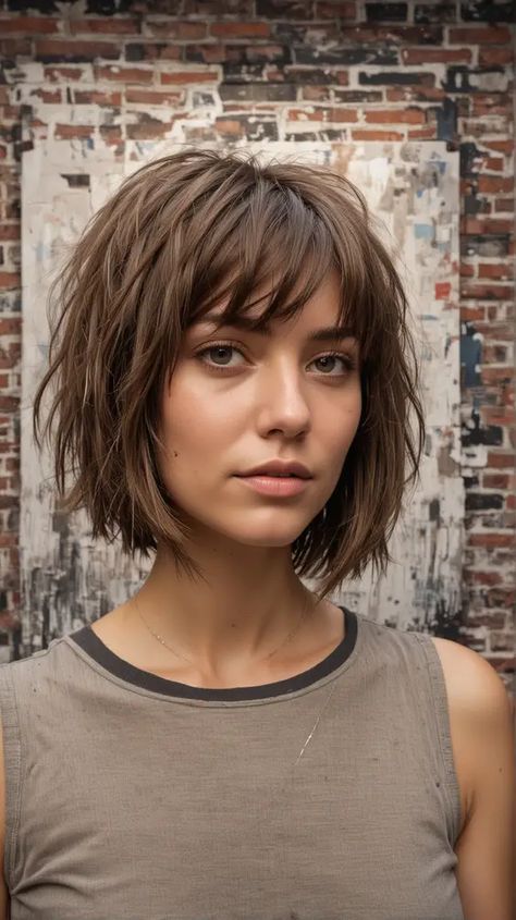 Shirt Shaggy Bob, Choppy Edgy Bob, Short Hair With Choppy Layers, Choppy Bob With Bangs Over 40, Straight Shaggy Bob, Edgy Bobs For Fine Hair, Choppy Bob Bangs, Choppy Bob Fine Hair, Shaggy Lob For Fine Hair Straight