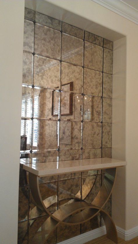 Mirror Panelling, Wall Mirror Decor Living Room, Antique Mirror Tiles, Baños Shabby Chic, Mirror Decor Living Room, Antique Mirror Glass, Antiqued Mirror, Antique Mirror Wall, Mirrored Wall