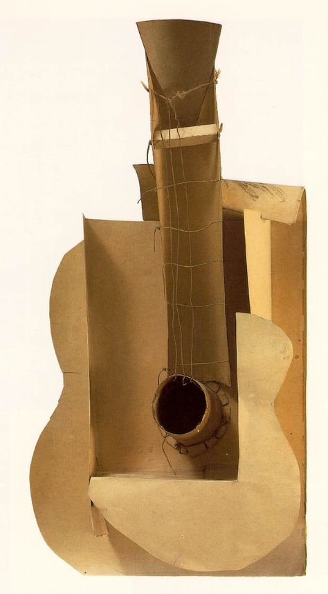 Pablo Picasso, Maquette for Guitar, 1912, Paperboard, paper, string, and painted wire installed with cut cardboard box, 76.2 x 52.1 x 19.7 cm, The Museum of Modern Art, New York. Cubist Sculpture, Picasso Cubism, Cubist Movement, Pablo Picasso Art, Art Picasso, Pablo Picasso Paintings, Cardboard Sculpture, Great Works Of Art, Picasso Paintings