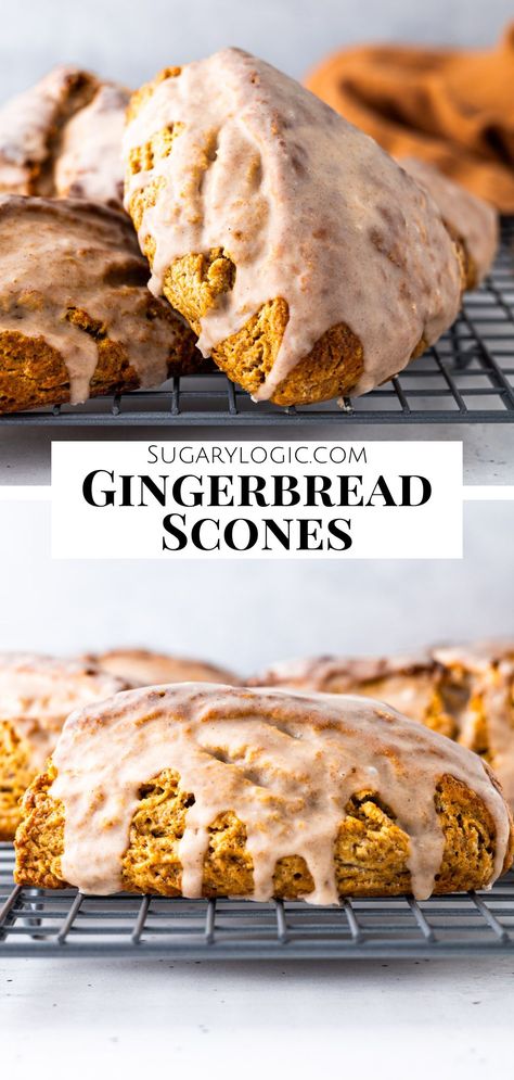 Delicious Gingerbread Scones are the perfect holiday treat. The classic scone is transformed with gingerbread spices and molasses to create a taste reminiscent of the beloved cookies. The homemade scones are a festive addition to breakfast or brunch and can be served as a tasty snack. Save this pin for this year's holiday brunch! Candied Ginger Scones, Christmas Scone Flavors, Sourdough Eggnog Scones, Christmas Scones Holidays, Winter Scones Recipe, Holiday Scones Recipe, Winter Scone Flavors, Gingerbread Scones Recipe, Christmas Breakfast Pastries