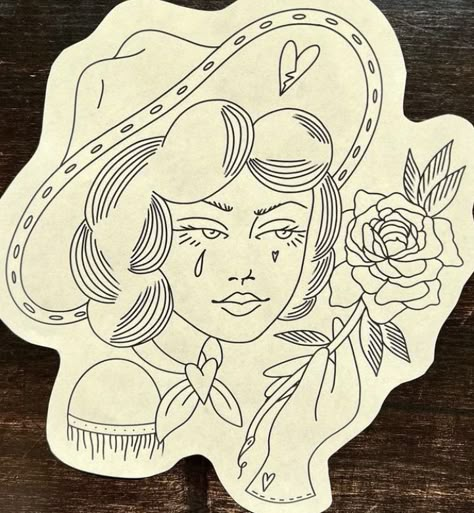 Traditional Tattoo Art Feminine, Traditional Lady Tattoo Flash, Western Tattoos American Traditional, Traditional Style Western Tattoo, Americana Tattoo Woman, American Traditional Female Tattoo, American Traditional Tattoos Women Faces, Cowgirl Face Tattoo, Cowgirl Head Tattoo