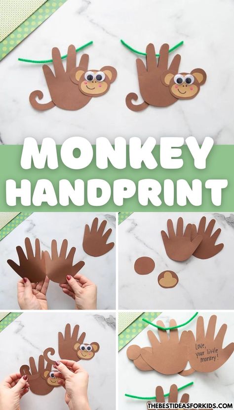 Monkey Handprint craft Diy Monkey Decorations, Monkey Art And Craft, M Is For Monkey Craft, Monkey Preschool Activities, Monkey Craft Preschool, Monkey Handprint, Handprint Monkey, Monkey Activities, Finger Print Art