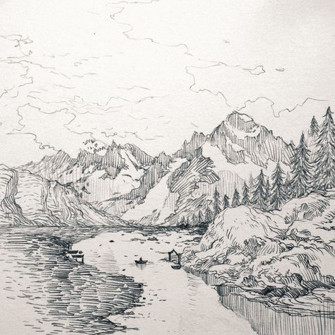 Waterfall Sketch, Mountain Sketch, Landscape Pencil Drawings, Mountain Drawing, Nature Sketch, Landscape Sketch, Nature Drawing, Arte Sketchbook, Landscape Drawings