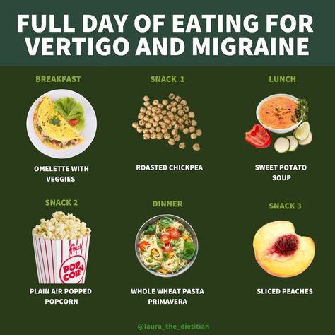 Laura Weisberg | Registered Dietitian on Instagram: "💥 Full Day of Eating for Vertigo and Migraine .It Didn't Cause Me To Have A Headache 🎯 🌪️ Last weekend, I had vertigo and migraine. It was terrible. 😵‍💫 I couldn't figure out what to eat that would make me feel better. ⚠️ Remember Your Food Triggers! Feel Free To Swap Out Any Of These Foods For a Non-Triggering Food Item ⚠️ 🍽️ Let’s Dig In… Shall We!? 🍳 Breakfast: Omelette with Veggies. 🧆 Snack 1: Roasted Chickpeas 🥣 Lunch: Sweet Pota Foods For Vertigo, Foods For Headache Relief, Vertigo Relief Remedies Food, Foods To Eat When You Have A Headache, Migraine Snacks, Food For Migraines, Migraine Foods To Eat, Headache Food, Vitamins For Migraines