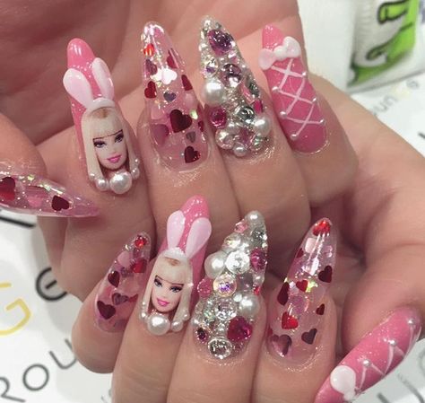 Pink Barbie nails by @rounge_nail_shinjuku Pink Barbie Nails, Lady Nails, Nails Kawaii, Fashion Cottagecore, Barbie Nails, Harajuku Anime, City Nails, G Nails, Dark Academia Clothes