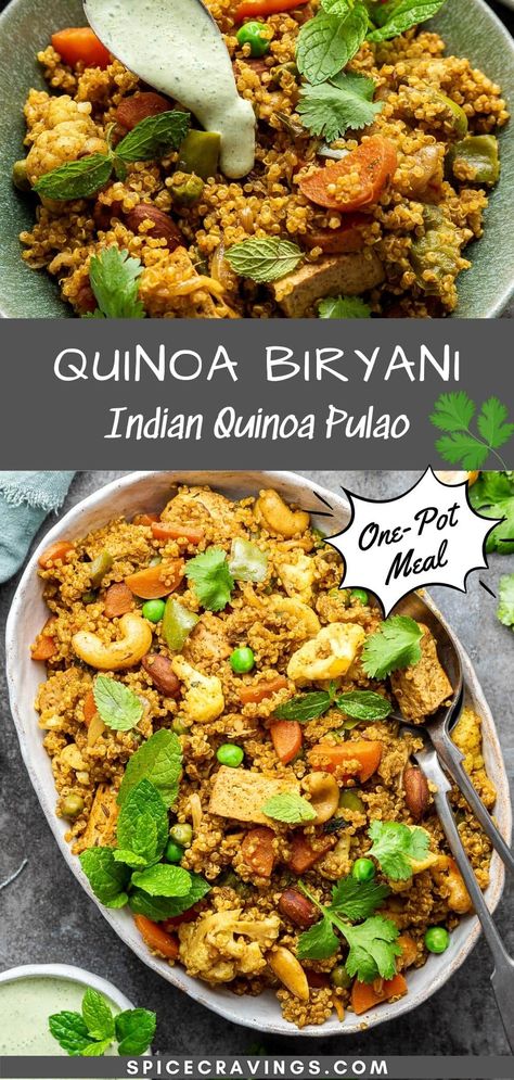 Enjoy Quinoa Biryani, a healthy one-pot meal in which quinoa and vegetables are cooked with fresh herbs and fragrant Indian spices in under 30 minutes. #quinoa #biryani #indianrecipes Quinoa Indian Recipes, Quinoa And Vegetables, Paneer Biryani, Quinoa Recipes Easy, Cooking With Fresh Herbs, Healthy One Pot Meals, Quinoa Dishes, Paneer Dishes, Oatmeal Diet