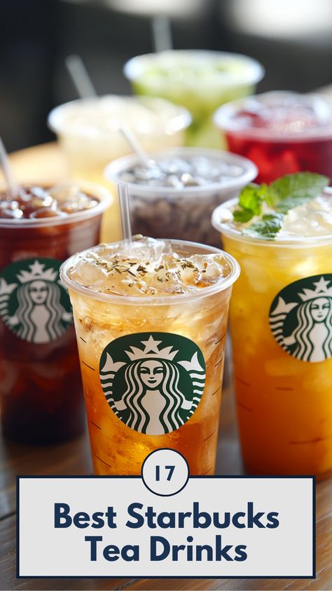 A collection of Starbucks tea drinks, including iced and hot varieties, presented with vibrant colors and refreshing ingredients. Starbucks Teas Recipes, Starbucks Herbal Tea Drinks, Iced Black Tea Starbucks Orders, Green Tea Drinks At Starbucks, Starbucks Cold Tea Drinks, Hot Teas From Starbucks, Hot Tea Starbucks Drinks, Starbucks Hot Tea Drinks Recipes, Starbucks Passion Tea Drinks