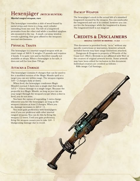 Some DnD Homebrew weapons and items by Brewski - Album on Imgur Modern Magic Items Dnd, Modern Dnd Items, Ebberon Dnd, Dungeons And Dragons Magic Items, Dungeons And Dragons Homebrew Items, Dnd Revolver, Magic Items 5e, Dnd 5, Dnd Stats