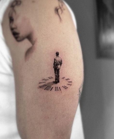 Universal Tattoo Ideas, Special Tattoos For Men, Surrealism Tattoo Ideas Creative, Warped Clock Tattoo, Small Deep Tattoo Ideas, Old Money Tattoo Aesthetic, Men Sticker Tattoo, Procrastination Tattoo, Inception Tattoo Ideas