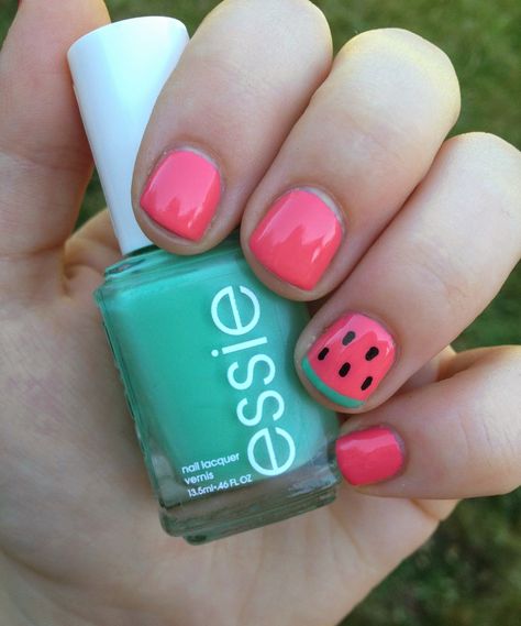 Fun Accent Nail Ideas, Kids Watermelon Nails, Painted Nails For Kids, Nail Art For Kids Easy, Watermelon Short Nails, Kids Nail Polish Ideas, Summer Diy Nails, Summer Kids Nails, Nails Girls Kids