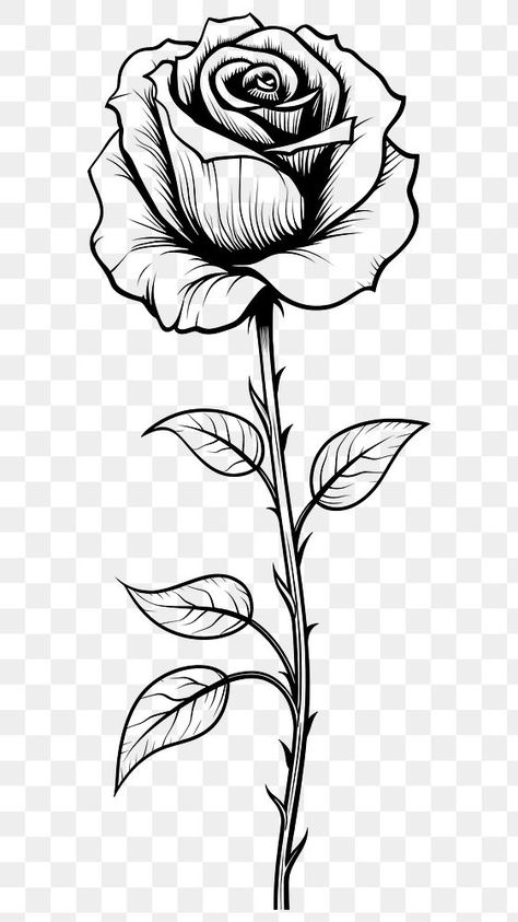 Rose Drawing Black And White, Black And White Rose Drawing, Long Stem Rose Drawing, Small Rose Drawing, Pencil Drawing Cartoon, Rosé Bnw, Small Business Shirt, Rose Vector, Cartoon Rose