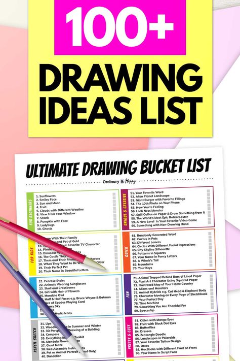 100+ Drawing Ideas List - The Ultimate List of Things to Draw List Of Things To Draw, 100 Drawing Ideas, 100 Drawing Challenge, Drawing Prompt List, What Should I Draw Ideas, App Drawings, Sketchbook Prompts, 30 Day Art Challenge, Drawing Room Interior Design