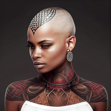 Bald Head Tattoos Women, Head Tattoo Hair, Bald Head Tattoo, Bald Women Fashion, Bald Style, Henna Styles, Tattoo Hair, Whimsical Tattoos, Natural Updo