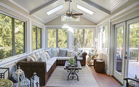 Additions to a cabin can multiply the fun for the entire family by providing everyone with a space of their own. Small Sunroom, All Season Room, Screened Porch Designs, 4 Season Room, 3 Season Room, Four Seasons Room, Sunroom Furniture, Sunroom Addition, Three Season Room