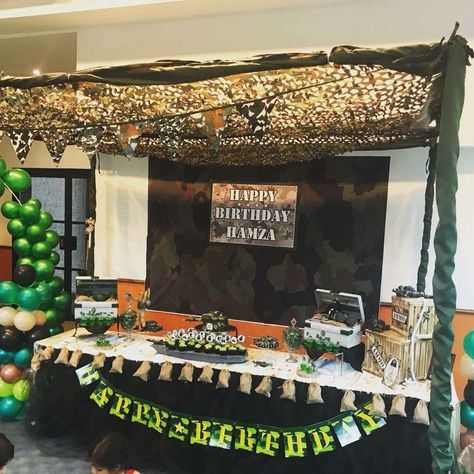 Camouflage themed birthday party | CatchMyParty.com Camo Centerpiece Ideas, Camouflage Birthday Party Ideas, Camouflage Birthday Party, Camo Birthday Party, Camouflage Party, Camo Birthday, Retirement Ideas, Orange Party, Party Business