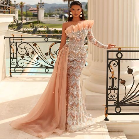 Mermaid One-Shoulder Peach Arabic Evening Dresses 2022 Pearls Beaded Elegant Sexy For Women Party Gowns https://m.alibaba.com/product/1600648596400/Mermaid-One-Shoulder-Peach-Arabic-Evening-Dresses.html?__sceneInfo={"cacheTime":"1800000","type":"appDetailShare"} Afrikaanse Mode, Outfits Dress, Full Dress, Evening Dress Fashion, فستان سهرة, Glam Dresses, Floor Length Dresses, Party Gowns, Women's Fashion Dresses