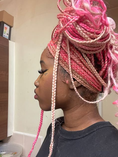 Pink Braids Dark Skin, Pink And Blonde Braids With Beads, Colored Protective Styles, Pink Brown And Blonde Knotless Braids, Pink Protective Styles, Light Pink Knotless Braids, Brown Pink And Blonde Braids, Blonde And Pink Knotless Braids, Pastel Pink Braids