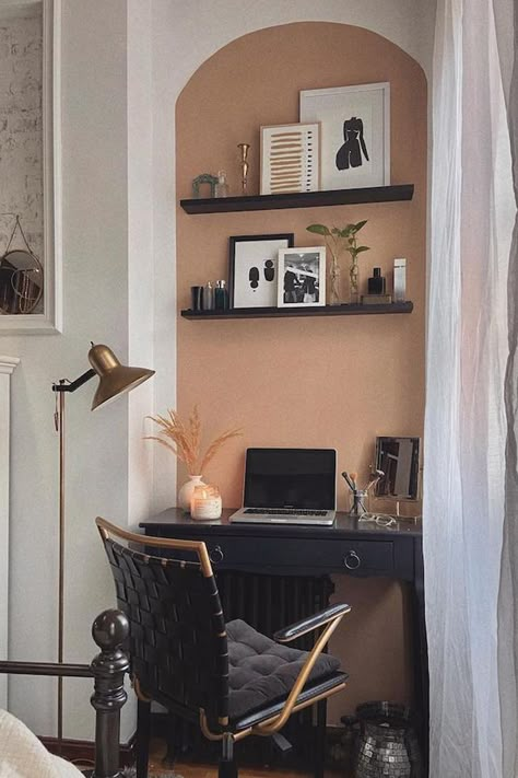 Desk in Living Room Tiny Desk Ideas, Painted Arch, Wfh Office, Tiny Home Office, Tiny Desk, Tiny Office, Small Office Design, Office Vibes, Wall Shelving Units